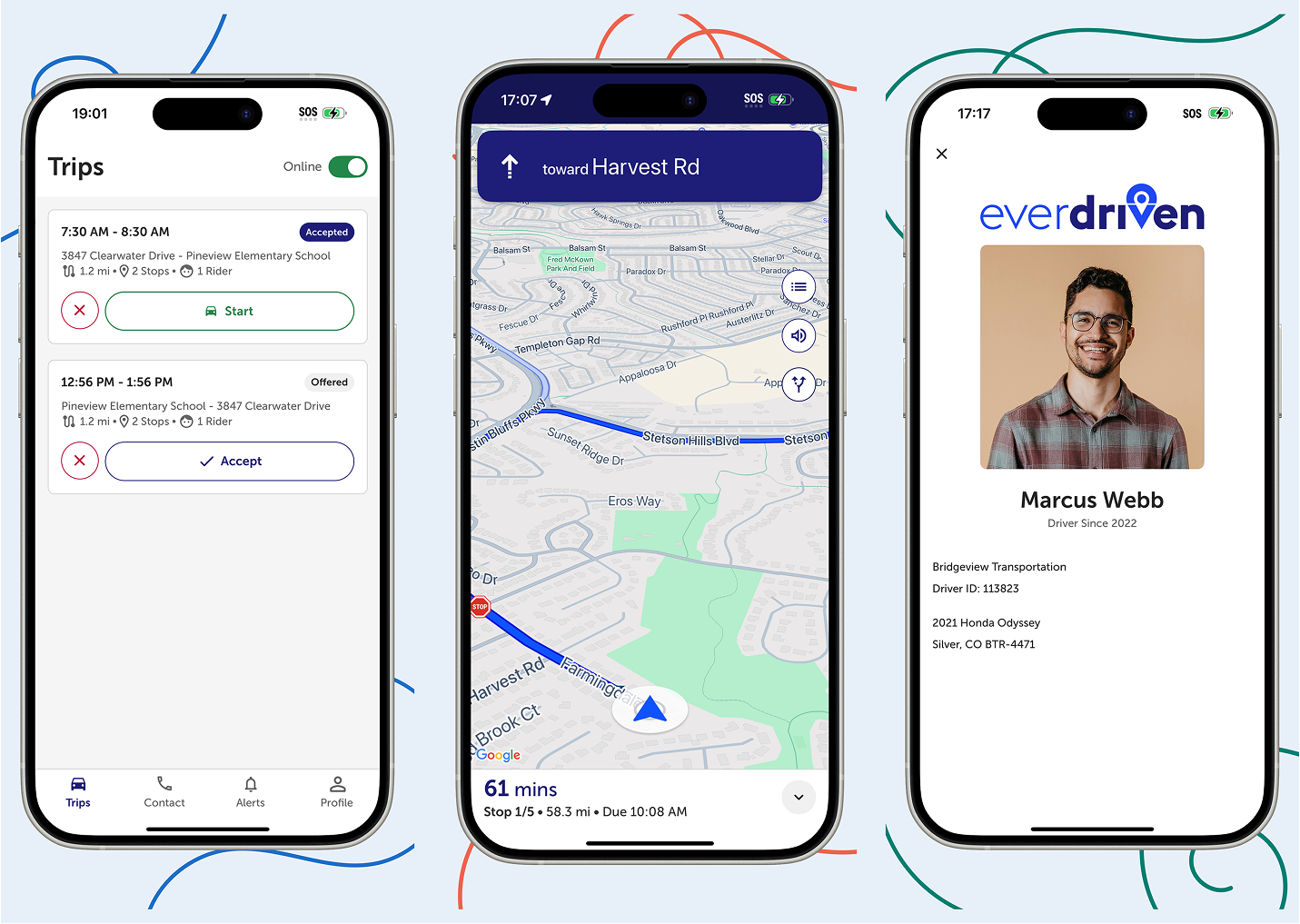 EverDriven Driver App screens showing trip navigation and driver profile