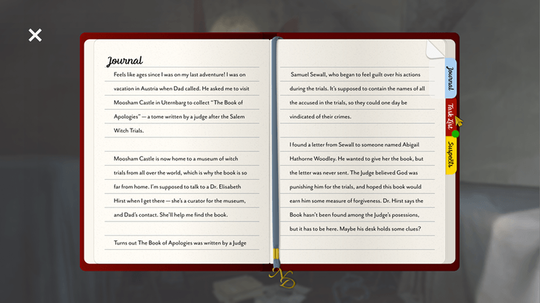 Nancy Drew Midnight in Salem redesign — in-game journal mockup
