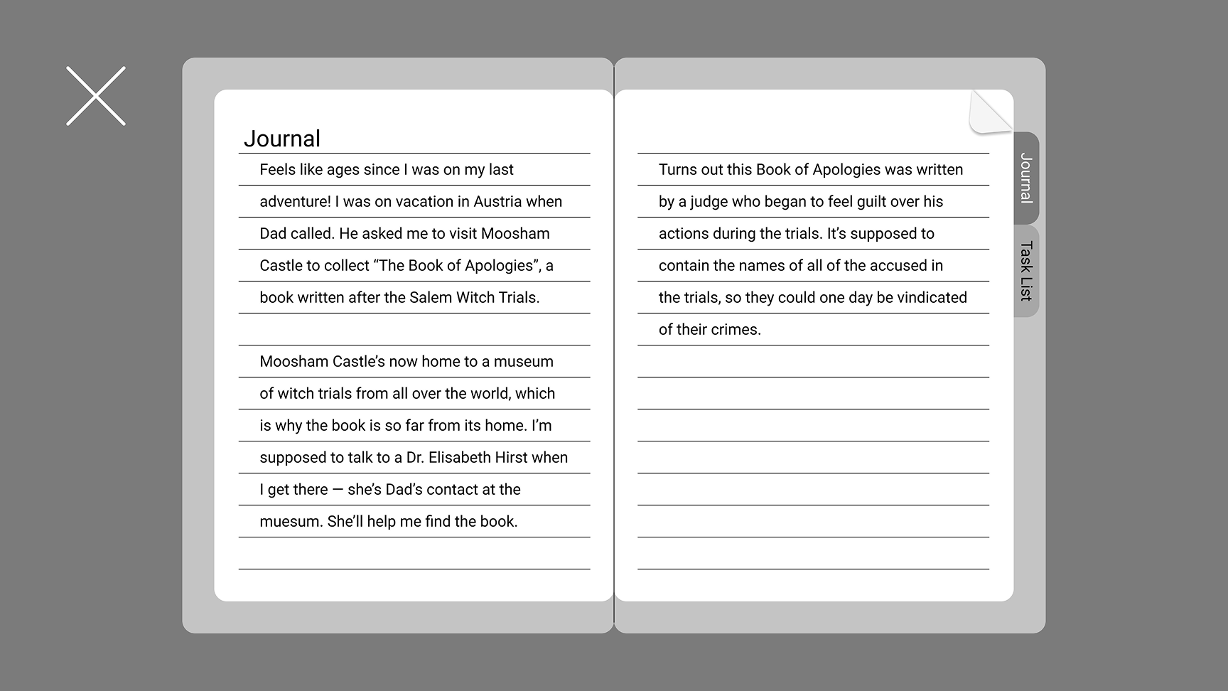 Nancy Drew Midnight in Salem redesign — in-game journal wireframe